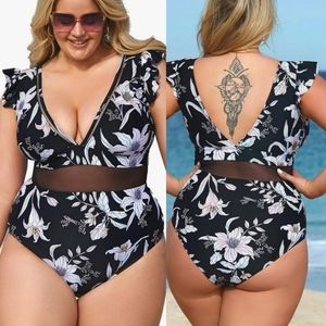 CUPSHE Black Floral One Piece Swimsuit V-neck, Mesh, Ruffle New Plus Size XXL